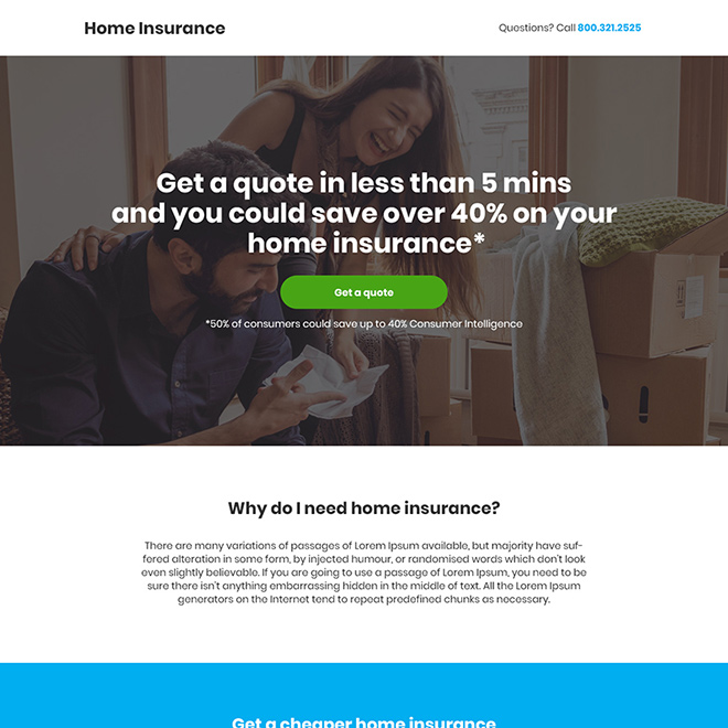 minimal home insurance responsive landing page design Home Insurance example