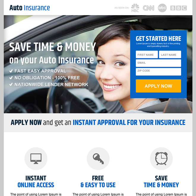 save money on auto insurance responsive landing page design Auto Insurance example