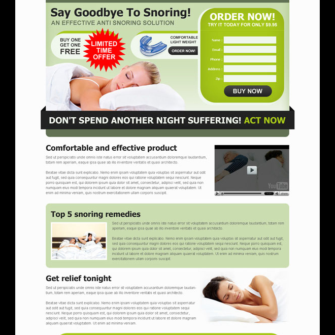 effective anti snoring product order now lead generating landing page design