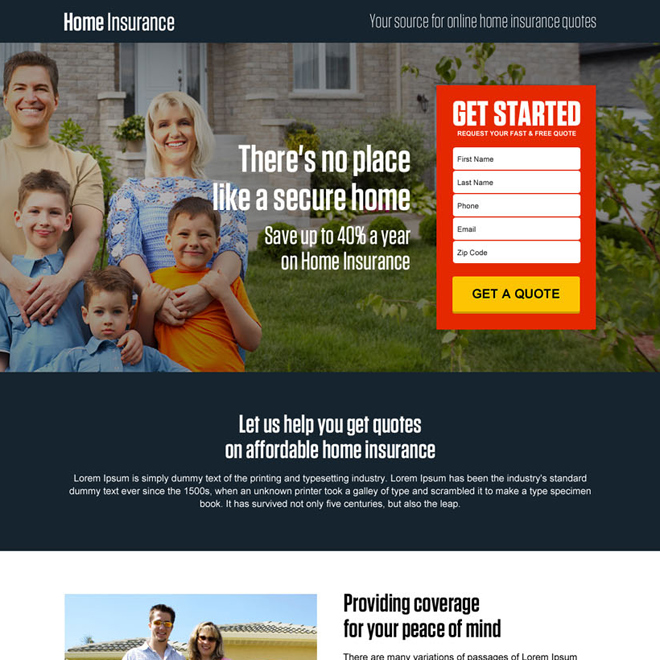 secure online home insurance responsive landing page design Home Insurance example