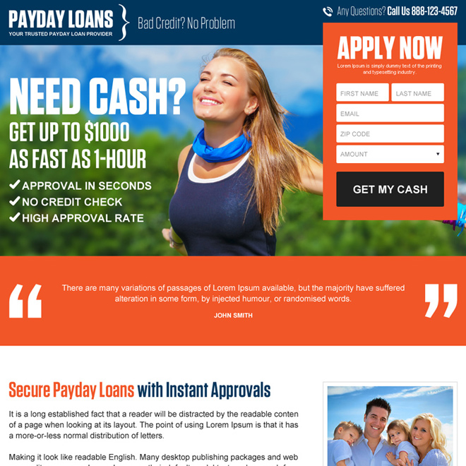 secure payday loan appealing lead gen landing page design Payday Loan example