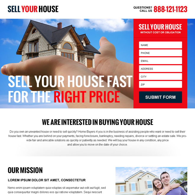 sell your house at the right price converting responsive landing page design Real Estate example