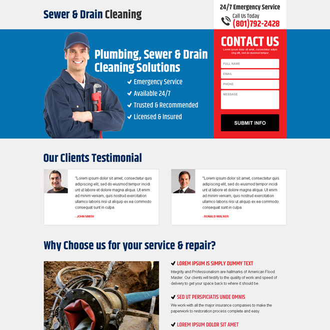 sewer and drain cleaning responsive landing page design