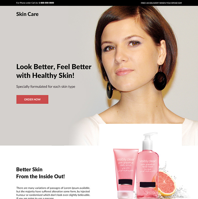 skin care product responsive landing page design