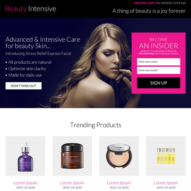 responsive beauty products selling mini landing page design