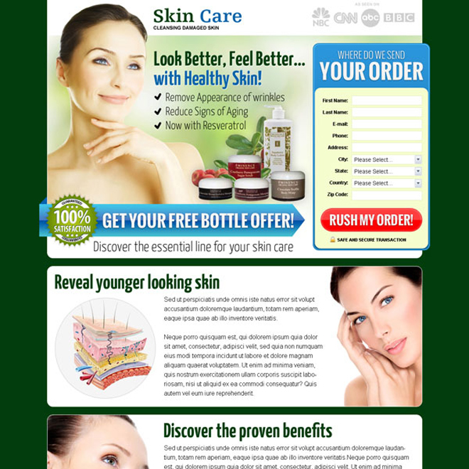 skin care lead capture landing page design templates to increase sales of your skin care product Skin Care example