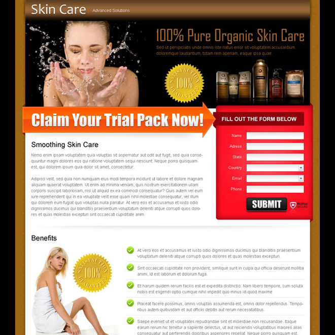 skin care product lead capture landing page design Skin Care example