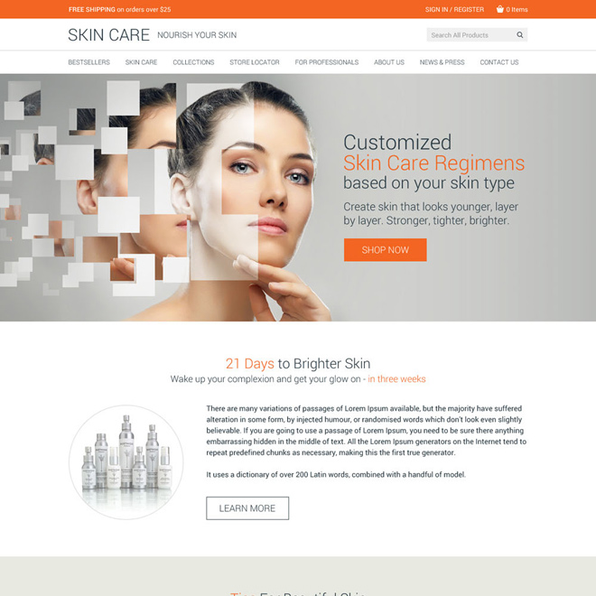 skin care product selling clean website design