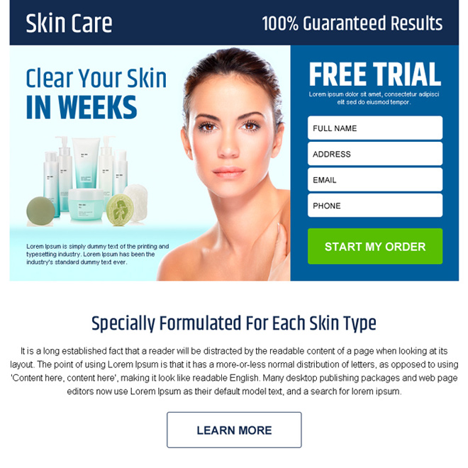 skin care product free trial lead gen ppv landing page