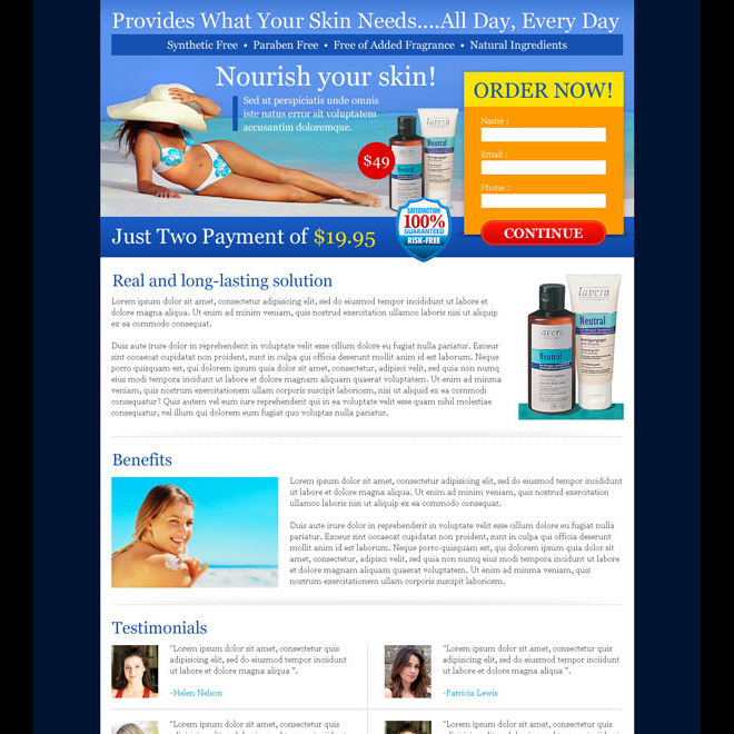 nourish your skin with our skin care product order now landing page design