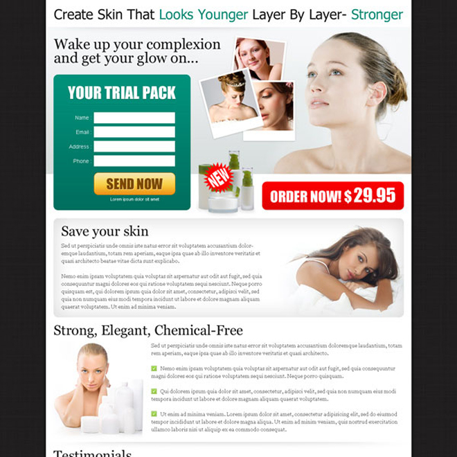 wake up your complexion and get the glow on trial pack landing page design