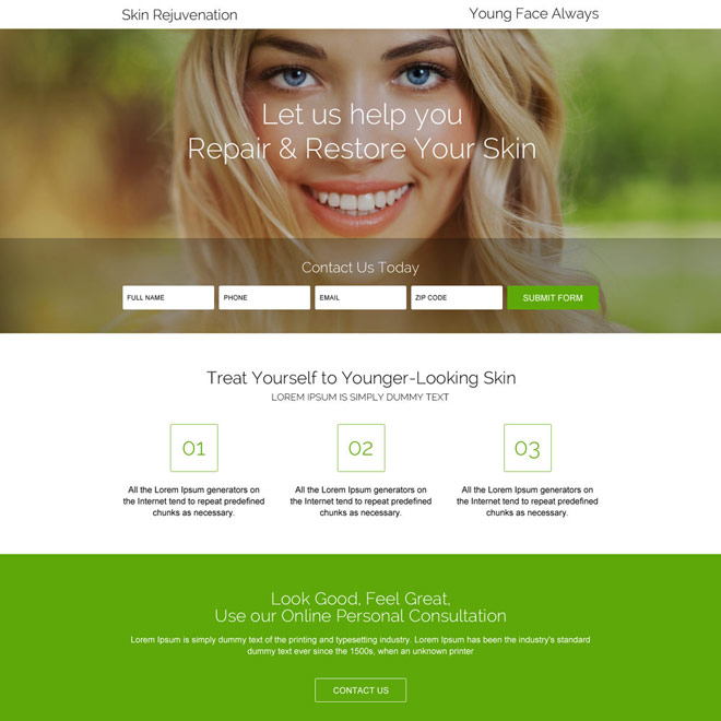 skin rejuvenation treatment landing page design Skin Care example