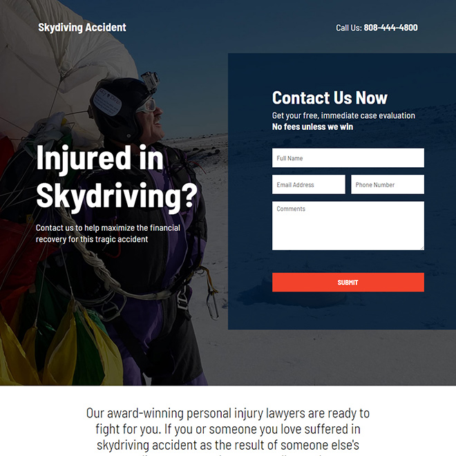 skydiving accident injury claims responsive landing page design Personal Injury example