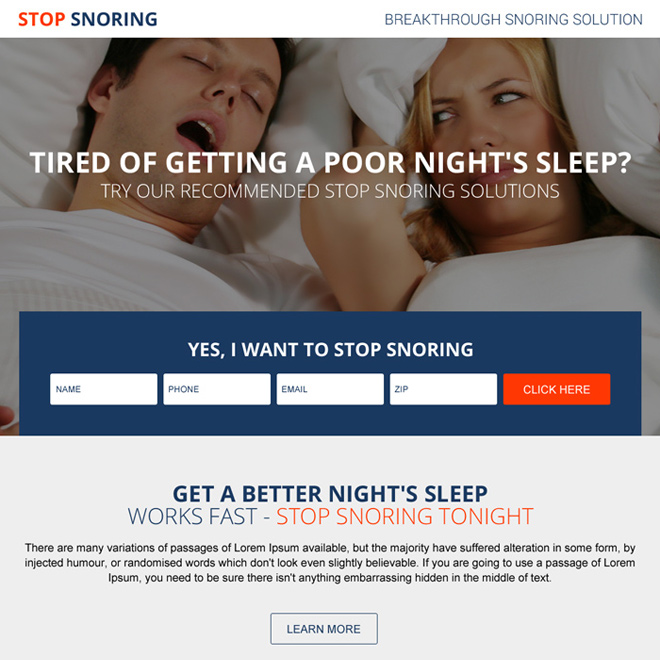 anti snoring solution responsive landing page design Anti Snoring example