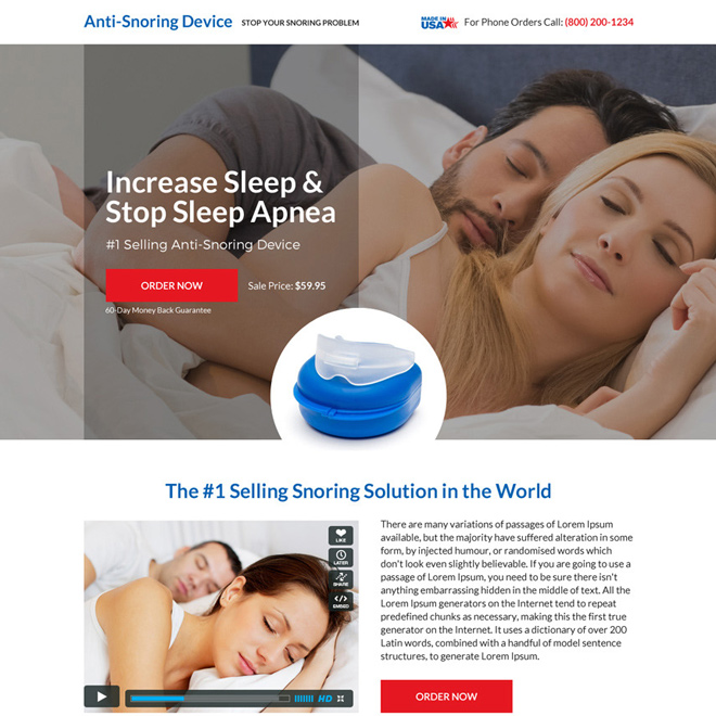 anti snoring product selling responsive landing page Anti Snoring example