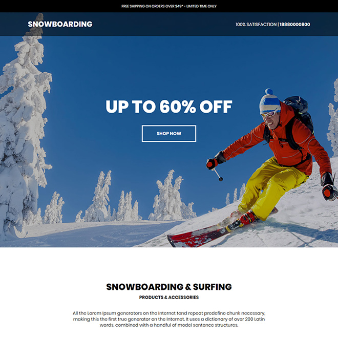 snowboarding products responsive ecommerce landing page design