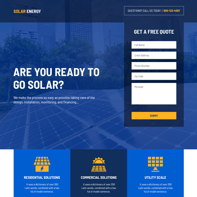 residential and commercial solar solutions responsive landing page Solar Energy example