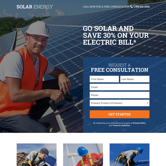 solar energy free consultation lead capturing responsive landing page