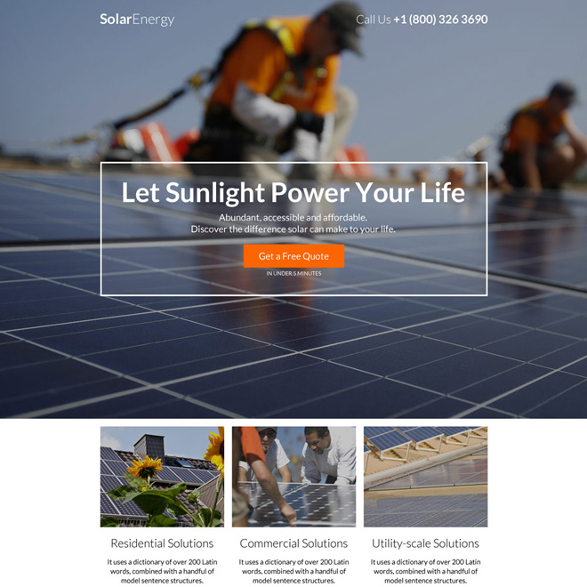 residential and commercial solar power project responsive landing page Solar Energy example