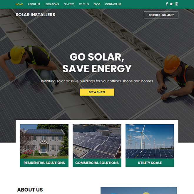 residential and commercial solar solutions website design Solar Energy example