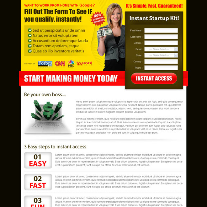 start making money today with our instant google money start up kit landing page design