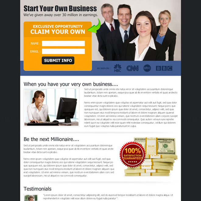 start your own business exclusive opportunity effective landing page design Business example