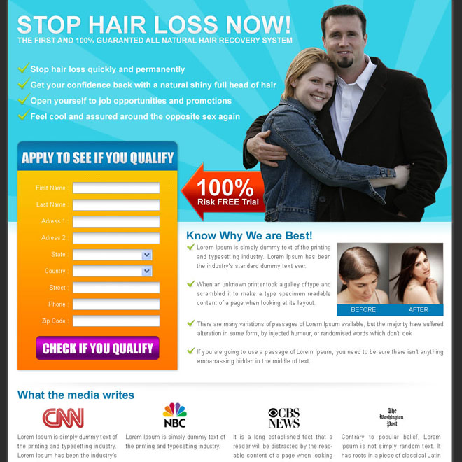 stop hair loss now lead capture squeeze page design