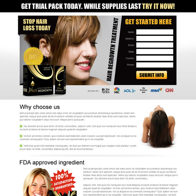 stop hair loss today product effective and converting free trail lead capture lander design