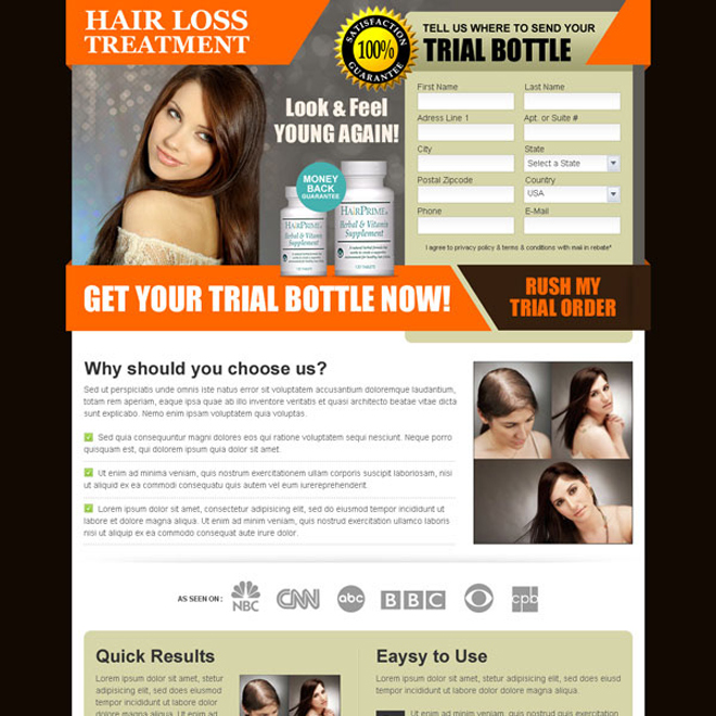 hair loss treatment product trial offer landing page design Hair Loss example