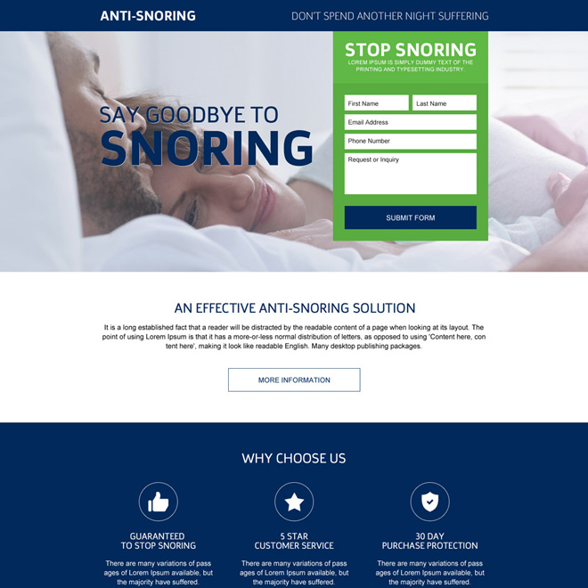 responsive anti snoring modern landing page design