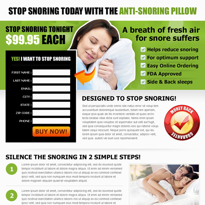 anti snoring pillow landing page design