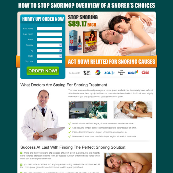 stop snoring product order now effective landing page design Anti Snoring example