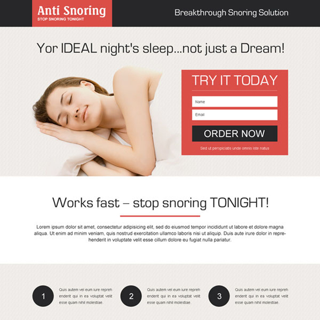 stop snoring lead capture landing page design templates