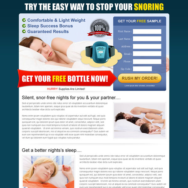 stop your snoring free bottle lead capture user friendly landing page design Anti Snoring example