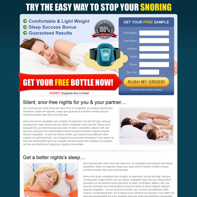 stop your snoring free bottle lead capture user friendly landing page design