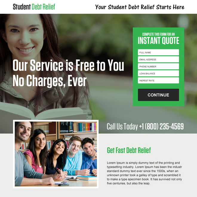 student debt relief instant quote responsive landing page design Debt example