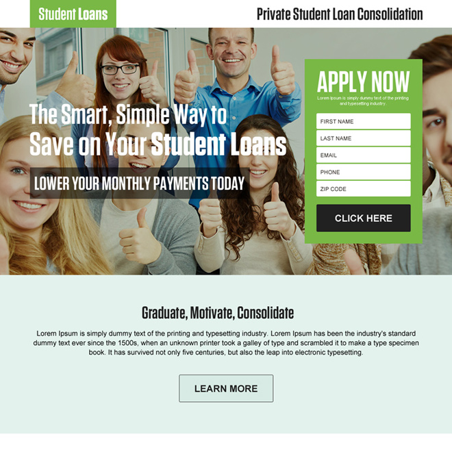 student loan consolidation lead generating responsive landing page Loan example