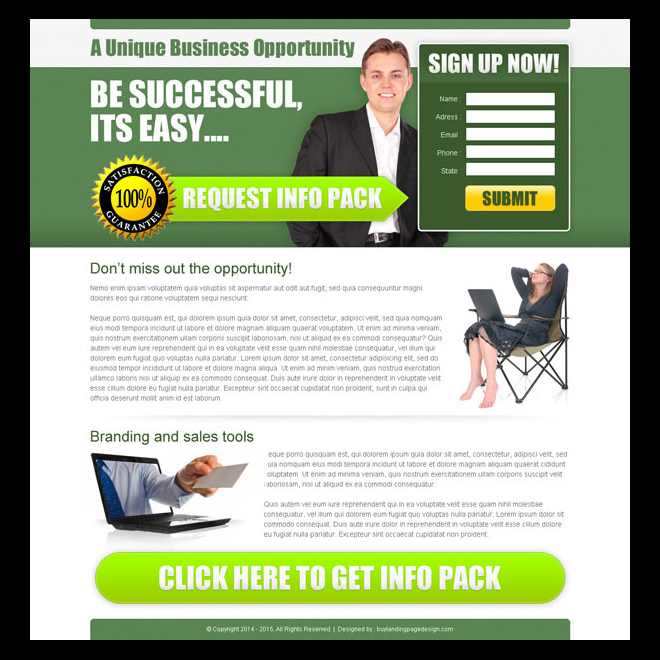 unique business opportunity lead capture page design Business example