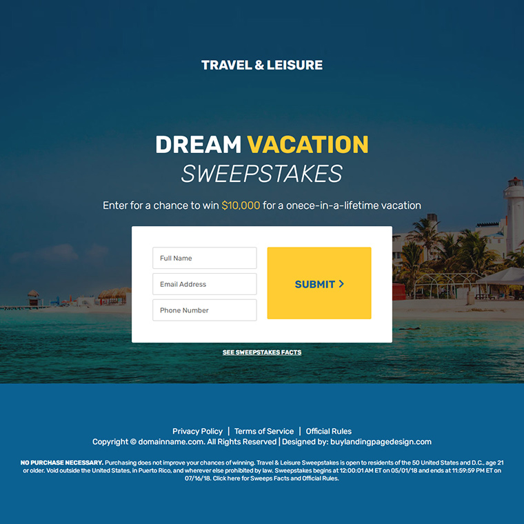 dream vacation sweepstake landing page Travel example