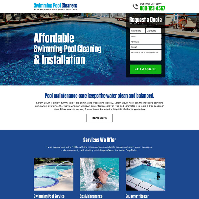 swimming pool cleaning and installation responsive landing page Cleaning Services example