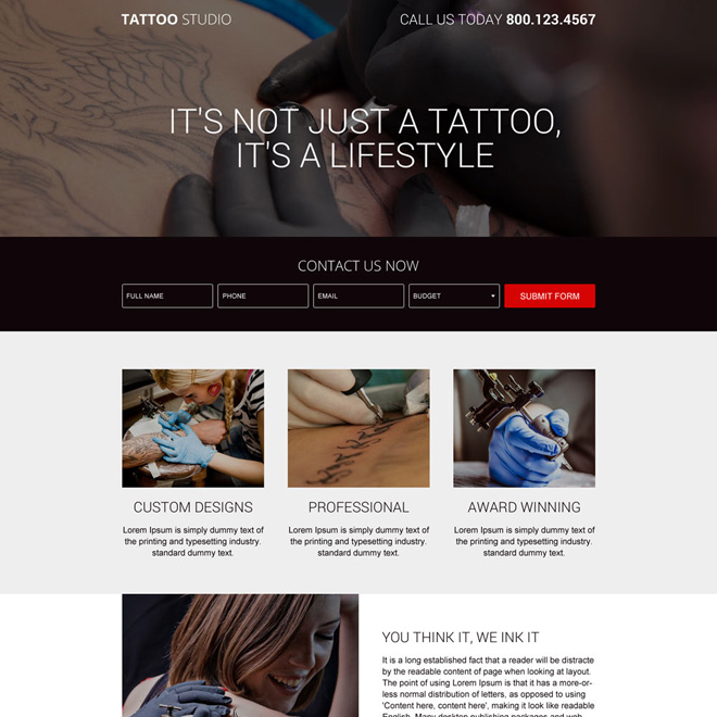 tattoo design service responsive landing page design Business example