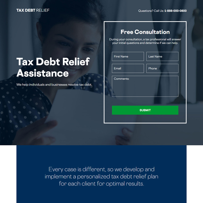 tax debt relief assistance lead capture responsive landing page Debt example