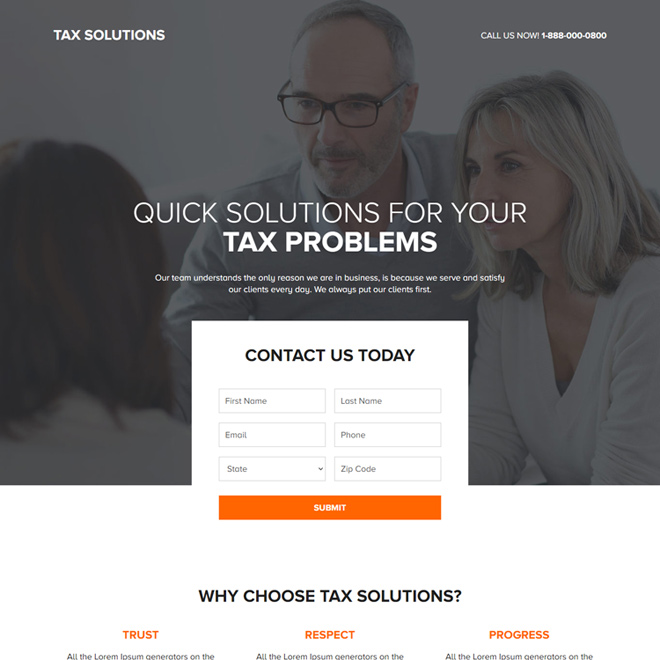 tax solutions lead capture responsive landing page Tax example