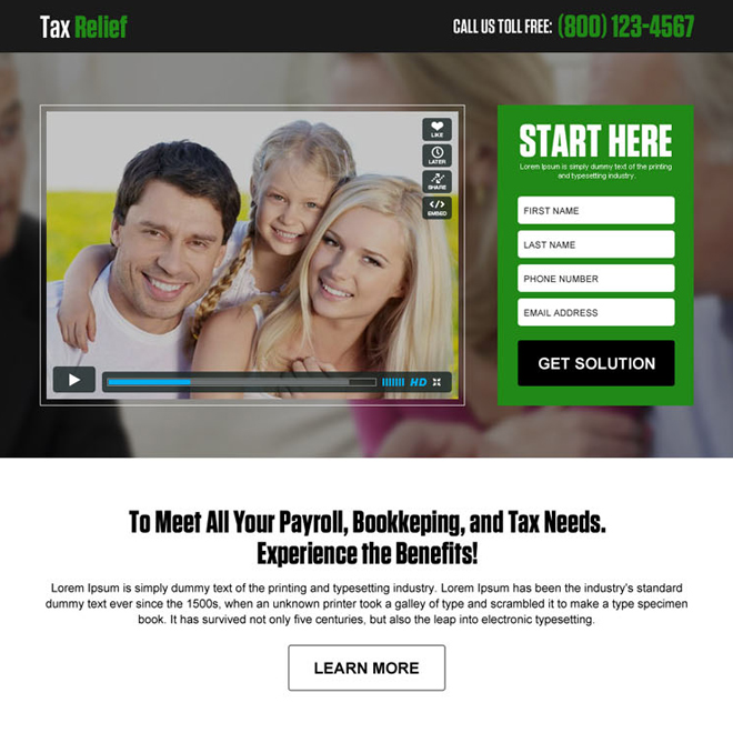 tax relief lead generating responsive video landing page design
