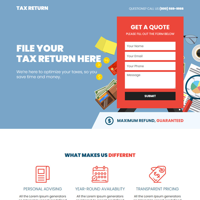 tax return free quote lead capture responsive landing page design