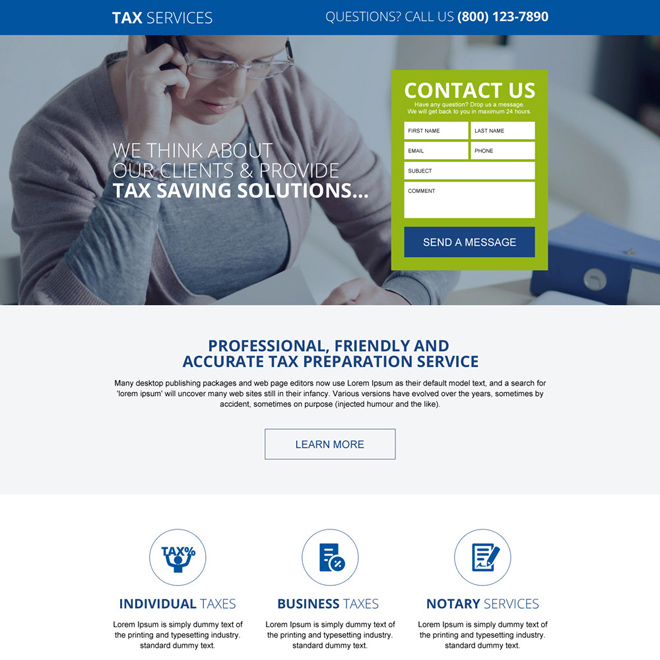 responsive tax saving service landing page design template Tax example