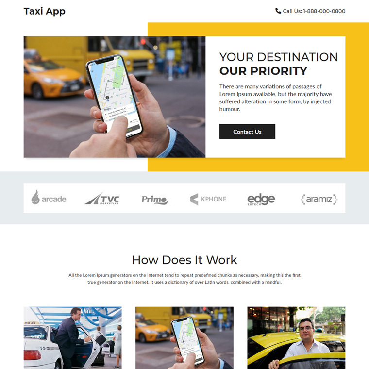 taxi app lead capture responsive landing page Web Application example