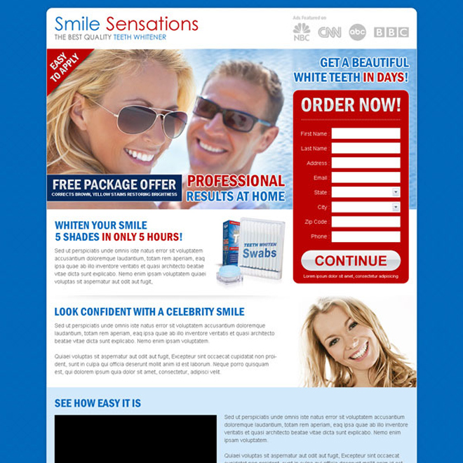 teeth whitening product free package offer order lead capture page Teeth Whitening example