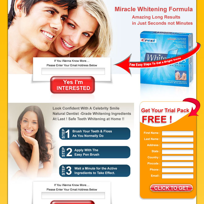 clean and converting teeth whitening product lead capture landing page design for sale