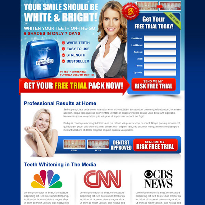 white and bright trial lead capture teeth whitening landing page design